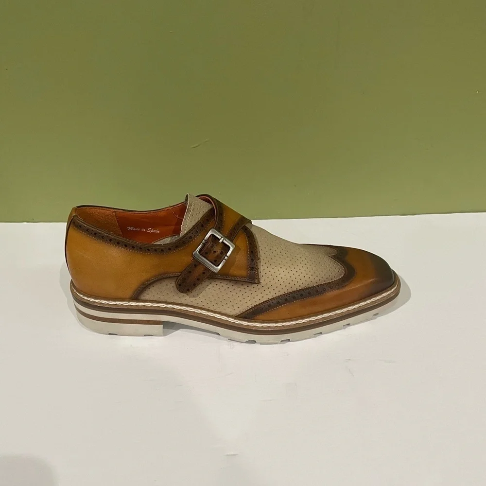 Mezlan shoes wing tip monk strap leather calf camel/bone 8